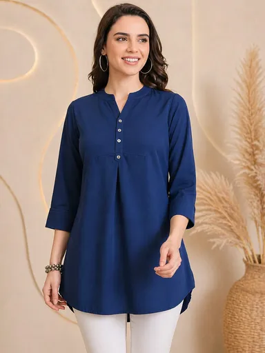Women Mustard Yellow Solid Rayon Mandarin Collar Straight Tunic Kurti Navy Blue Cotton Blend Kurti XXL thumbnail 0