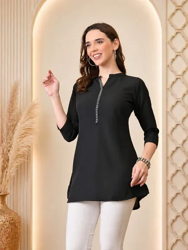 Women Mustard Yellow Solid Rayon Mandarin Collar Straight Tunic Kurti Black Straight Cotton Kurti S thumbnail 1