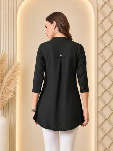 Women Mustard Yellow Solid Rayon Mandarin Collar Straight Tunic Kurti Black Straight Cotton Kurti S thumbnail 3