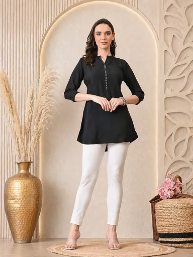 Women Mustard Yellow Solid Rayon Mandarin Collar Straight Tunic Kurti Black Straight Cotton Kurti XL thumbnail 0