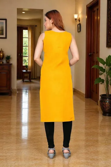Women's Navy Blue Sleeveless Straight Kurta with Contrast Red Button Detailing and Leggings Set Mustard Yellow Sleeveless Straight Kurta S thumbnail 3