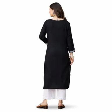 Women’s Black Cotton Straight Kurta with White Embroidery and Palazzos Set Black Cotton Embroidered Kurta Palazzo Set S thumbnail 2
