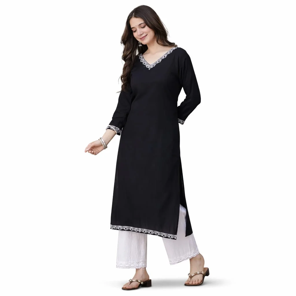 Women’s Black Cotton Straight Kurta with White Embroidery and Palazzos Set Black Cotton Embroidered Kurta Palazzo Set S image 4