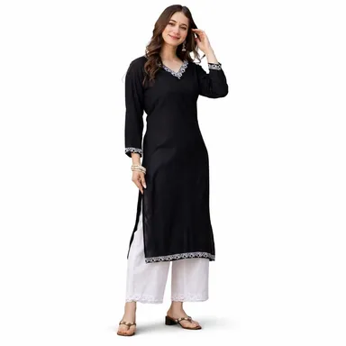 Women’s Black Cotton Straight Kurta with White Embroidery and Palazzos Set Black Cotton Embroidered Kurta Palazzo Set M thumbnail 0