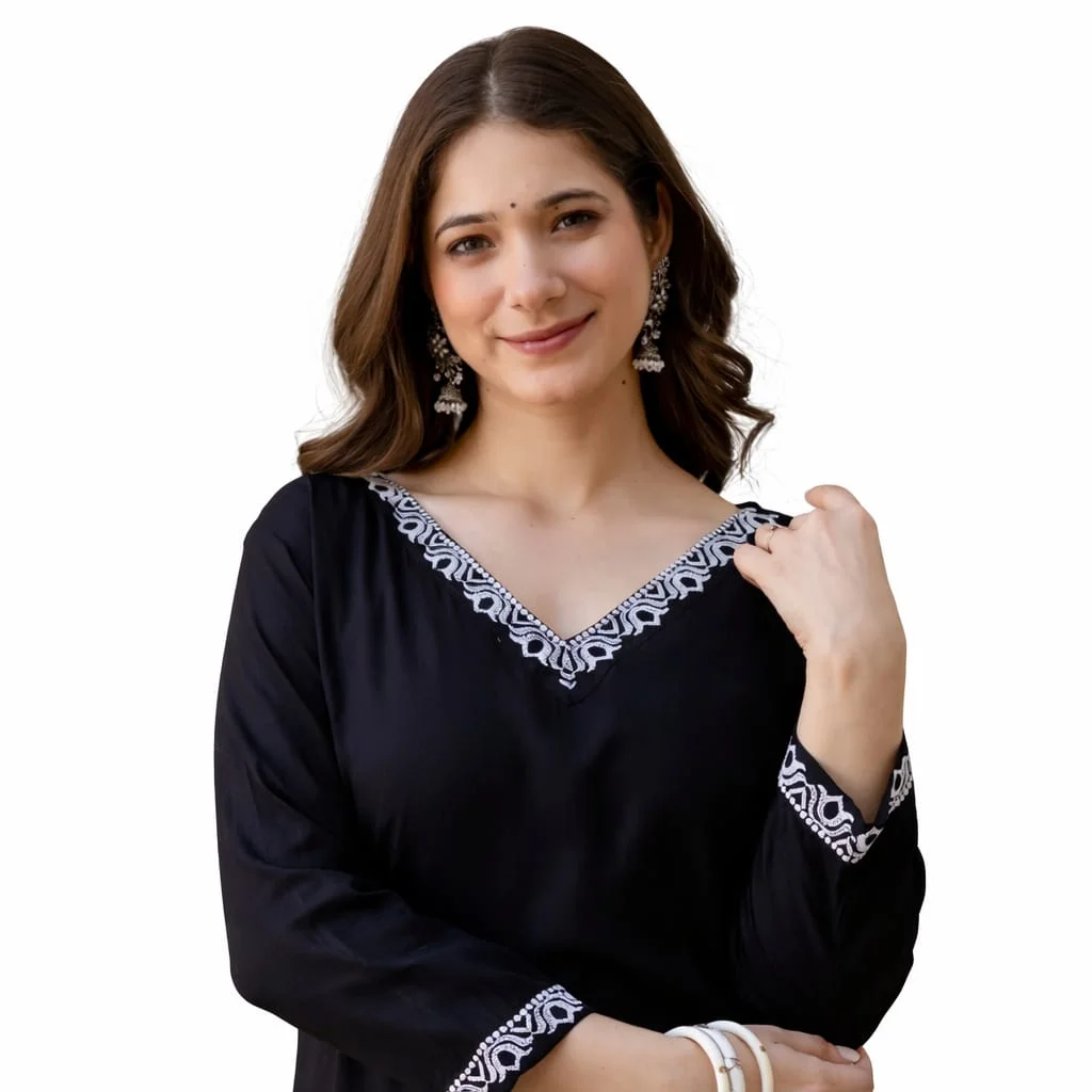 Women’s Black Cotton Straight Kurta with White Embroidery and Palazzos Set Black Cotton Embroidered Kurta Palazzo Set XL image 2