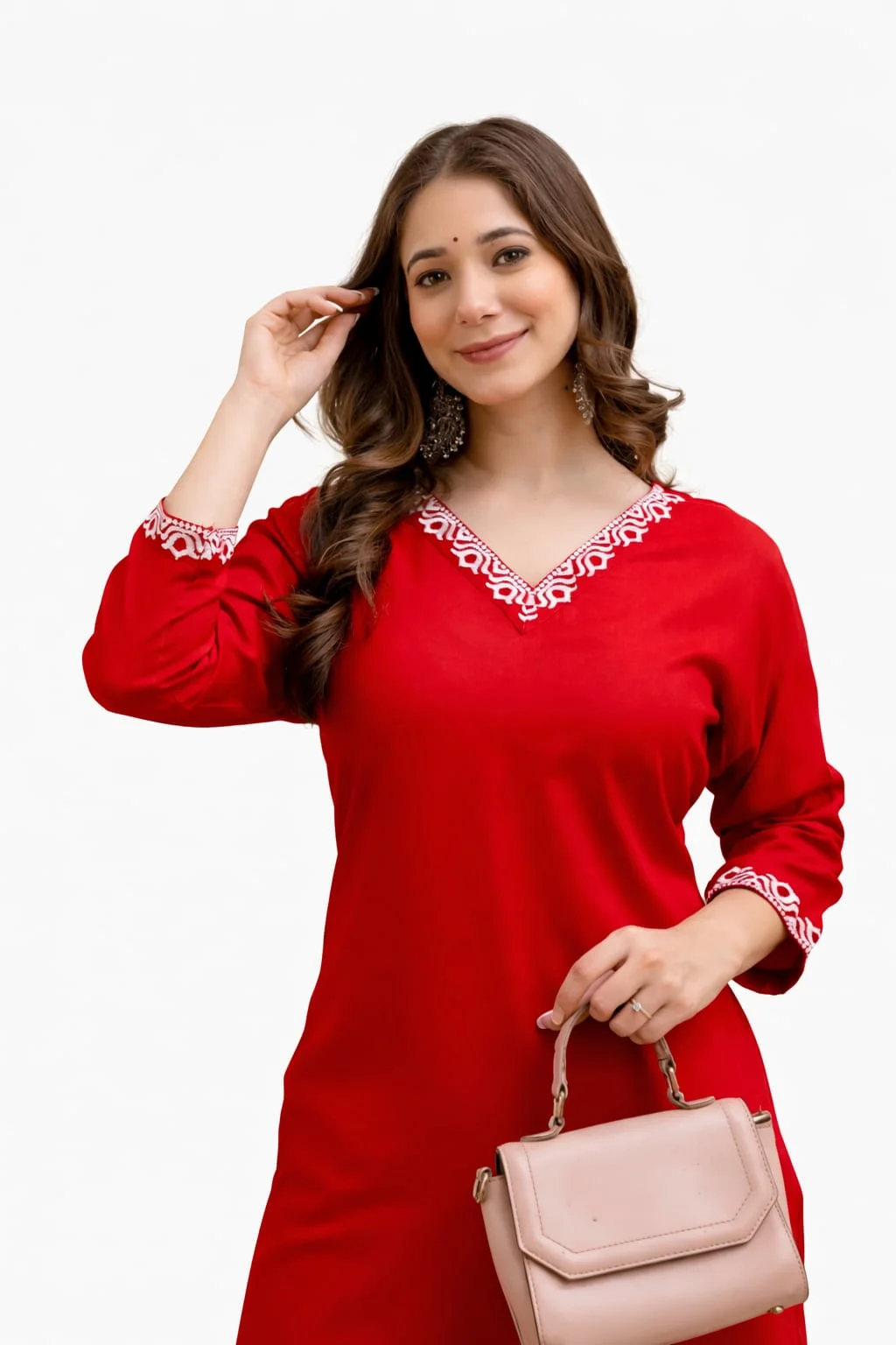 Women’s Black Cotton Straight Kurta with White Embroidery and Palazzos Set Red Rayon Embroidered Kurta M image 2