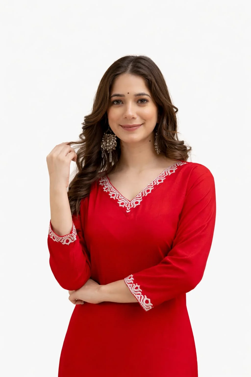 Women’s Black Cotton Straight Kurta with White Embroidery and Palazzos Set Red Rayon Embroidered Kurta M image 3