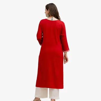 Women’s Black Cotton Straight Kurta with White Embroidery and Palazzos Set Red Rayon Embroidered Kurta M thumbnail 3