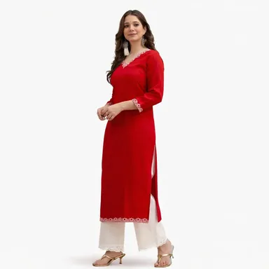 Women’s Black Cotton Straight Kurta with White Embroidery and Palazzos Set Red Rayon Embroidered Kurta L thumbnail 0
