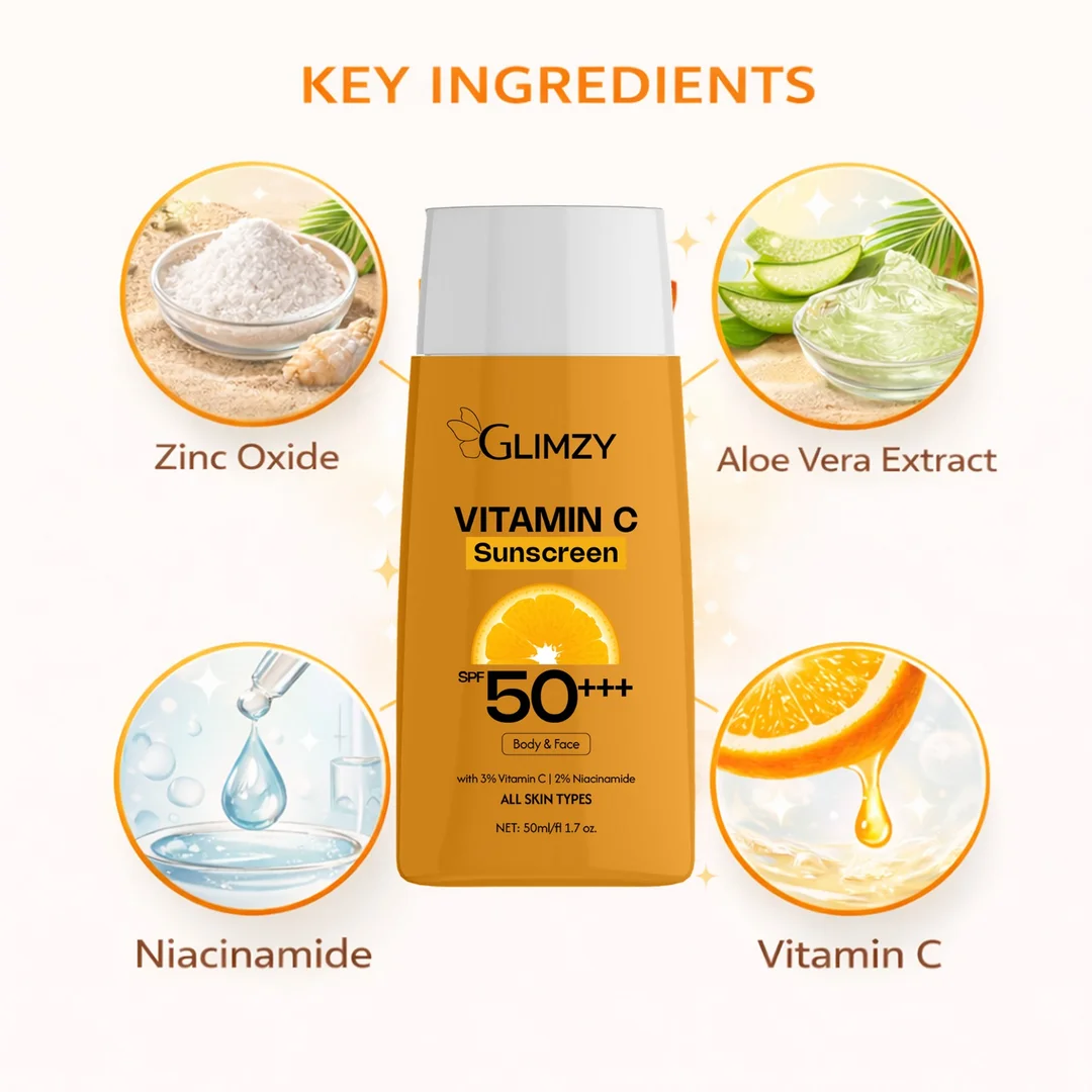 GLIMZY Vitamin C Sunscreen SPF 50|with 3% Vitamin C & 2% Niacinamide for Broad Spectrum UV Protection | Non-Greasy Oil-Free Sunblock for Face & Body | Suitable for All Skin Types - 50ml image 3