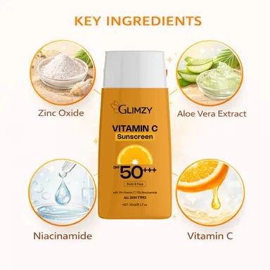 GLIMZY Vitamin C Sunscreen SPF 50|with 3% Vitamin C & 2% Niacinamide for Broad Spectrum UV Protection | Non-Greasy Oil-Free Sunblock for Face & Body | Suitable for All Skin Types - 50ml thumbnail 2