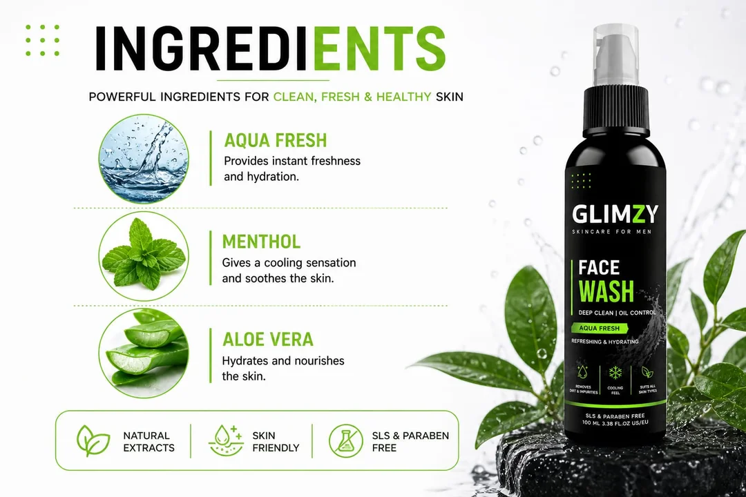 Glimzy Deep Clean Oil Control Face Wash for Men |Aqua Fresh with Menthol & Aloe Vera image 3