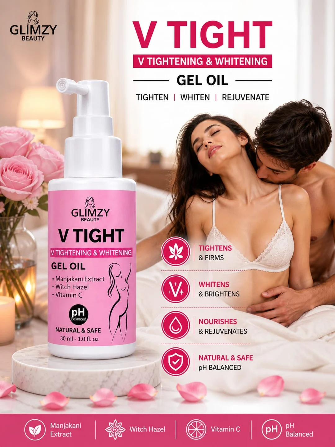 Glimzy Beauty V Tight Tightening and Whitening Gel Oil with Manjakani Extract Witch Hazel and Vitamin C for Nourishing and Rejuvenation (30 ml) image 5