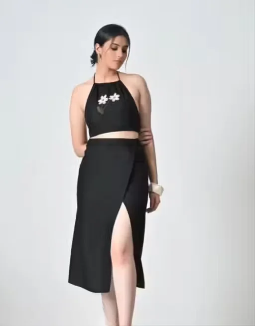 Embroidered Pure Cotton Halter Neck Top With Skirt Co-Ord Set for Women Black Ethnic Summer Outfit Sleeveless Matching Two Piece Dress Casual Party Wear Indo Western Co Ord Set Black S image 2