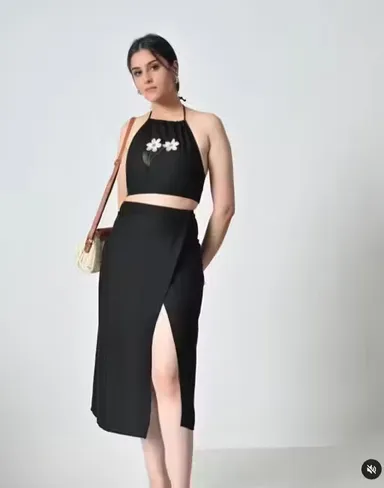 Embroidered Pure Cotton Halter Neck Top With Skirt Co-Ord Set for Women Black Ethnic Summer Outfit Sleeveless Matching Two Piece Dress Casual Party Wear Indo Western Co Ord Set Black S thumbnail 2