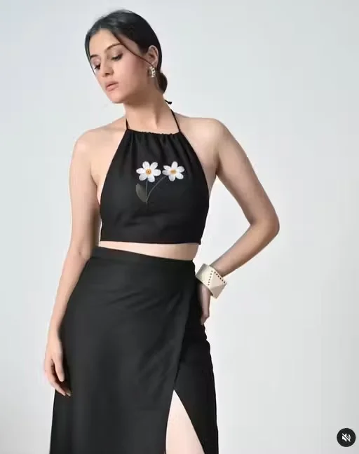 Embroidered Pure Cotton Halter Neck Top With Skirt Co-Ord Set for Women Black Ethnic Summer Outfit Sleeveless Matching Two Piece Dress Casual Party Wear Indo Western Co Ord Set Black S image 1