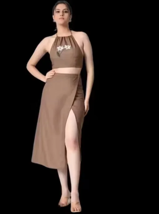Bitsyowl Embroidered Pure Cotton Halter Neck Top With Skirt Co-Ord Set for Women Brown Ethnic Summer Casual Matching Outfit Sleeveless Cotton Two Piece Dress Set Stylish Indo Western Co Ord Set Brown S image 1