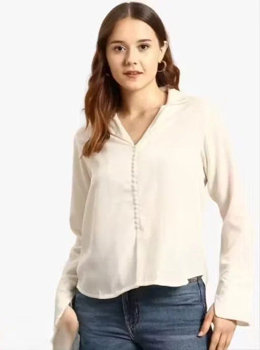 Women White Casual Cotton Shirt for Women Stylish Regular Fit Office Wear Formal Korean Style Oversized Full Sleeve Button Down Tops for Girls Daily Wear Summer Fashion Shirt White XS image 1