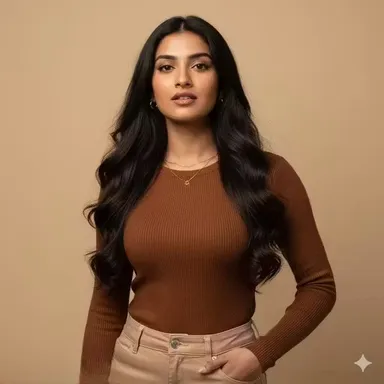 Classic Brown Rib Round Neck Top for Women Stretch Ribbed Casual Slim Fit Full Sleeve Everyday Wear Soft Knit Fashion Top Brown Brown M thumbnail 0