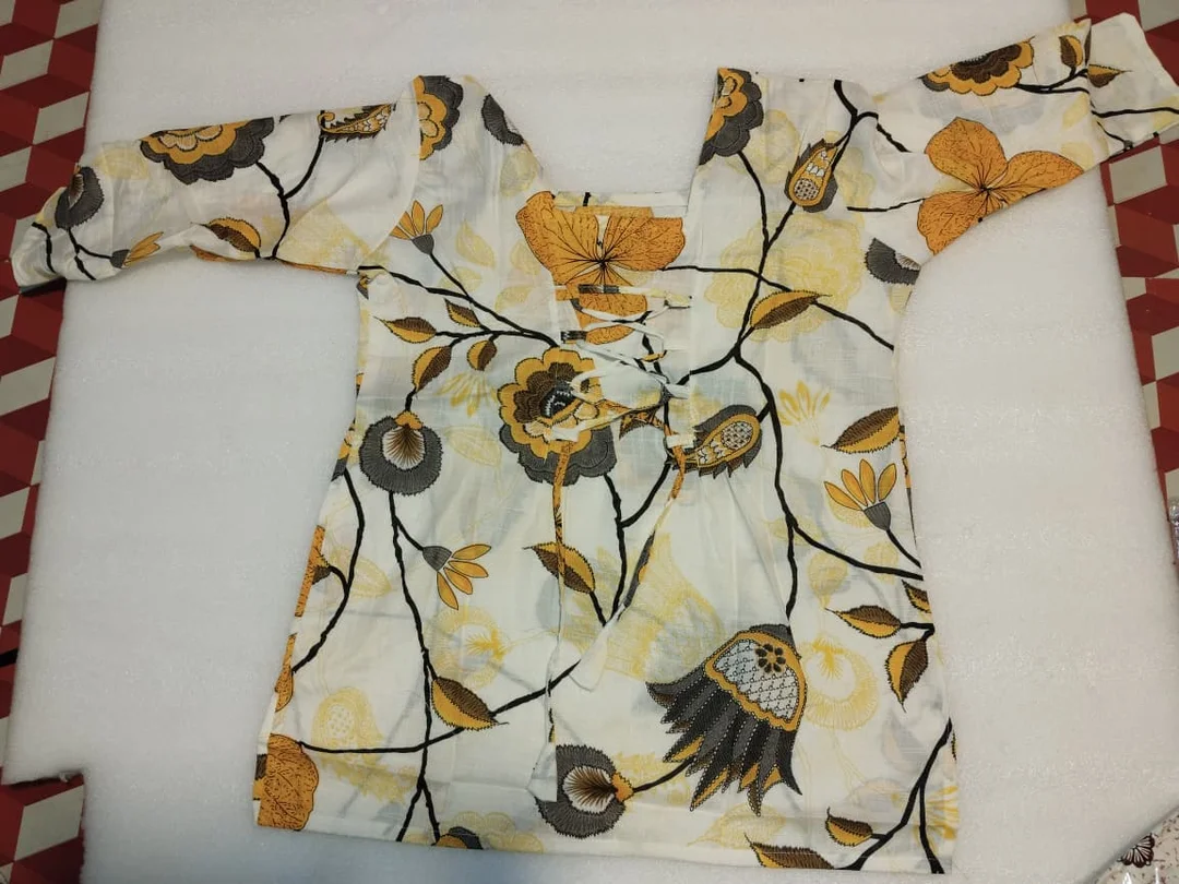 Floral Print Cotton Short Kurti for Women (Off-White, Mustard & Grey) Off-White, Mustard & Grey S image 2