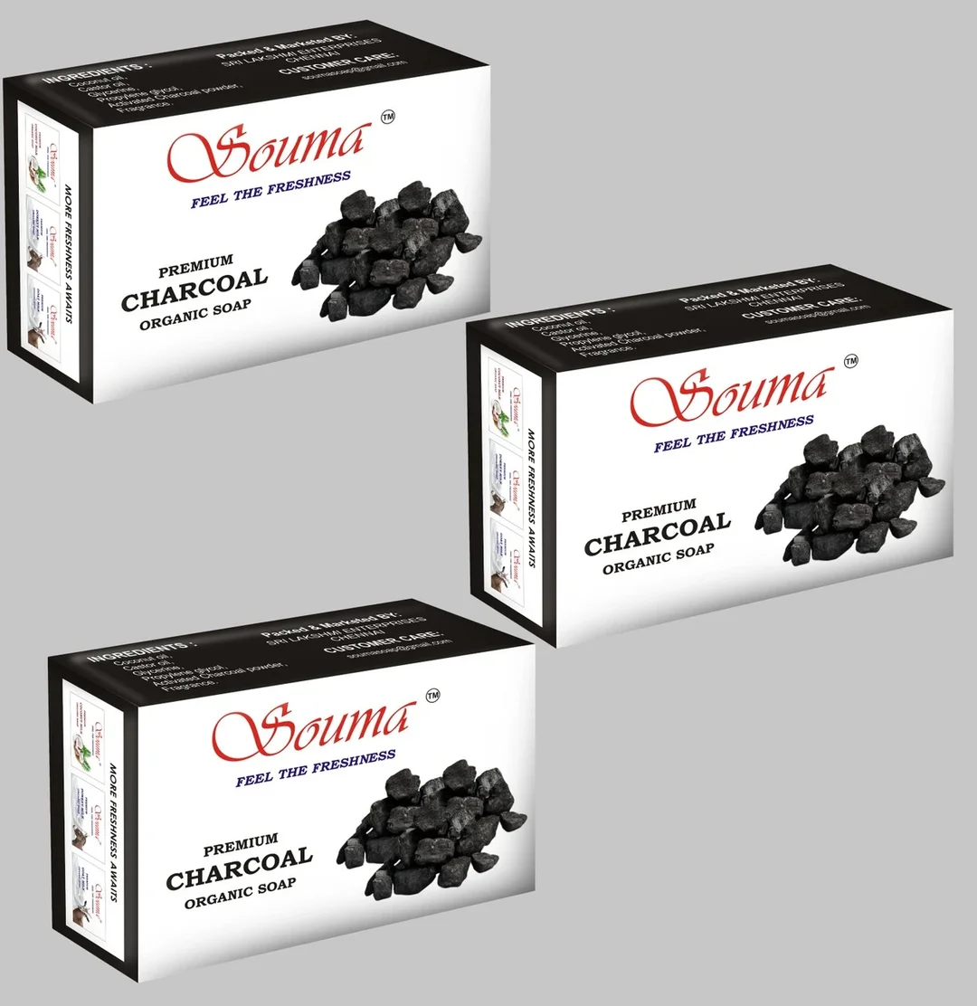 Souma Premium Charcoal Soap Organic Natural Bath Bar for Men & Women with High TFM Deep Cleansing Oil Control Skin Purifying Handmade Black Soap Black 300 g (Pack of 1) image 1