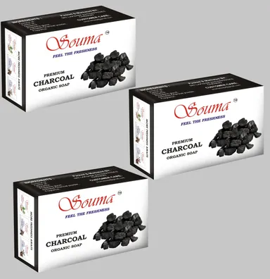 Souma Premium Charcoal Soap Organic Natural Bath Bar for Men & Women with High TFM Deep Cleansing Oil Control Skin Purifying Handmade Black Soap Black 400 g (Pack of 1) thumbnail 0