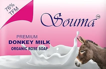Souma Premium Donkey Milk Organic Rose Soap 100g Bath Bar with TFM 76% for Men & Women | Natural Moisturising Handmade Skin Brightening Floral Soap for Dry Sensitive Skin Daily Bathing Pink/Rose 100 g (Pack of 1) image 1