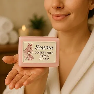 Souma Premium Donkey Milk Organic Rose Soap 100g Bath Bar with TFM 76% for Men & Women | Natural Moisturising Handmade Skin Brightening Floral Soap for Dry Sensitive Skin Daily Bathing Pink/Rose 200 g (Pack of 1) thumbnail 2