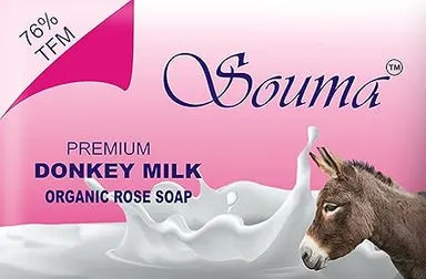 Souma Premium Donkey Milk Organic Rose Soap 100g Bath Bar with TFM 76% for Men & Women | Natural Moisturising Handmade Skin Brightening Floral Soap for Dry Sensitive Skin Daily Bathing Pink/Rose 400 g (Pack of 1) thumbnail 0