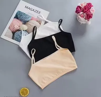 Girls Beginners Sports Bra Crop Top Inner Slip Pack of 3 Black White Skin Soft Cotton Stretch Seamless Light Support Daily Wear Comfortable Innerwear for Teenage Girls India Sports Bra-Yellow 34A thumbnail 1