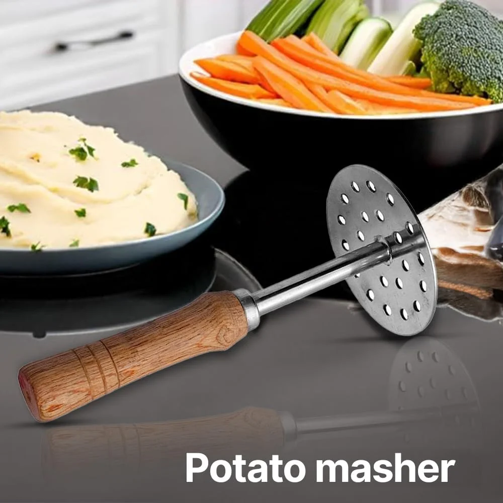 Stainless Steel Potato Masher with Wooden Handle | Vegetable & Pav Bhaji Masher Tool | Kitchen Press Masher image 2