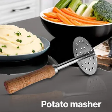 Stainless Steel Potato Masher with Wooden Handle | Vegetable & Pav Bhaji Masher Tool | Kitchen Press Masher thumbnail 1