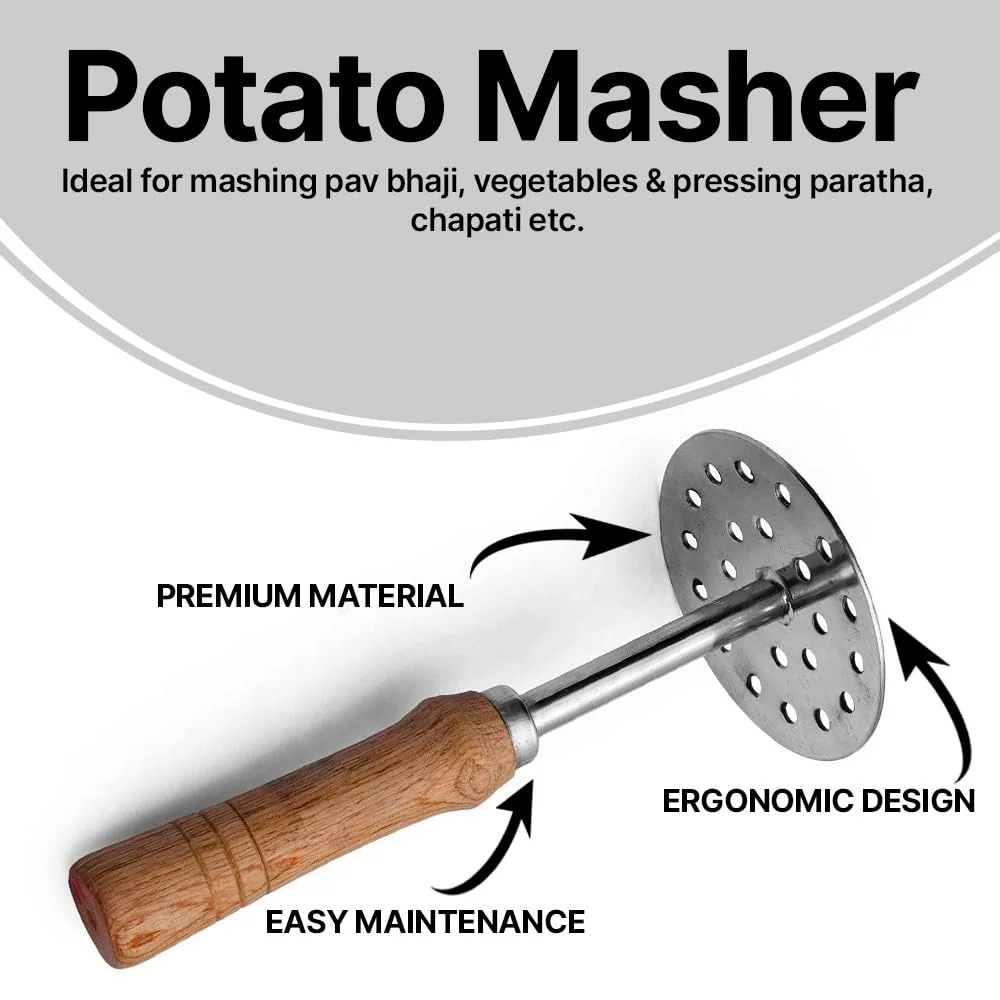 Stainless Steel Potato Masher with Wooden Handle | Vegetable & Pav Bhaji Masher Tool | Kitchen Press Masher image 3