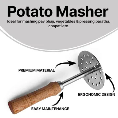 Stainless Steel Potato Masher with Wooden Handle | Vegetable & Pav Bhaji Masher Tool | Kitchen Press Masher thumbnail 2
