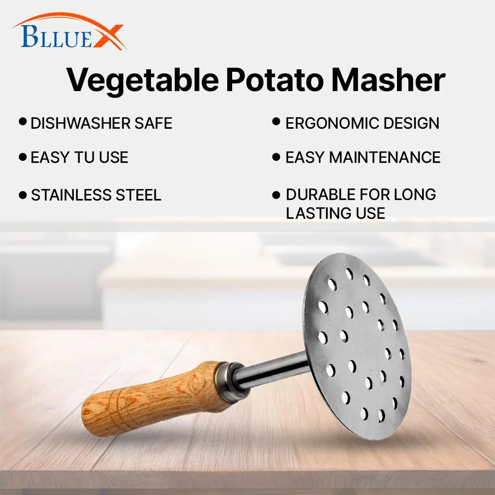Stainless Steel Potato Masher with Wooden Handle | Vegetable & Pav Bhaji Masher Tool | Kitchen Press Masher image 4
