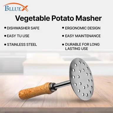 Stainless Steel Potato Masher with Wooden Handle | Vegetable & Pav Bhaji Masher Tool | Kitchen Press Masher thumbnail 3