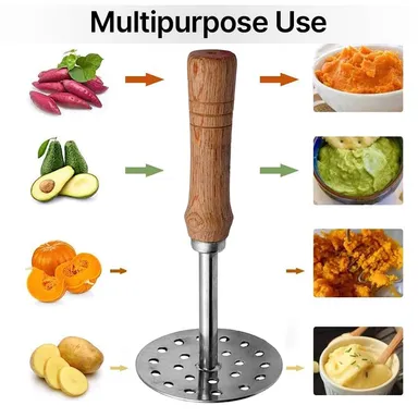 Stainless Steel Potato Masher with Wooden Handle | Vegetable & Pav Bhaji Masher Tool | Kitchen Press Masher thumbnail 4