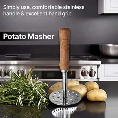 Stainless Steel Potato Masher with Wooden Handle | Vegetable & Pav Bhaji Masher Tool | Kitchen Press Masher thumbnail 5