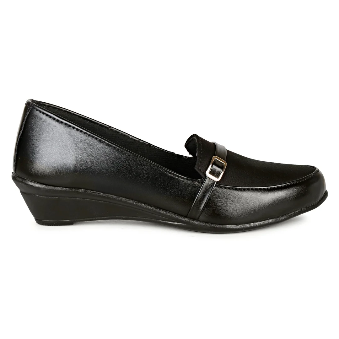 Women’s Black Comfort Wedge Loafers Shoes for Daily Wear | Lightweight Slip-On Formal Casual Office Footwear with Soft Cushion Sole & Buckle Design Black 8 image 2