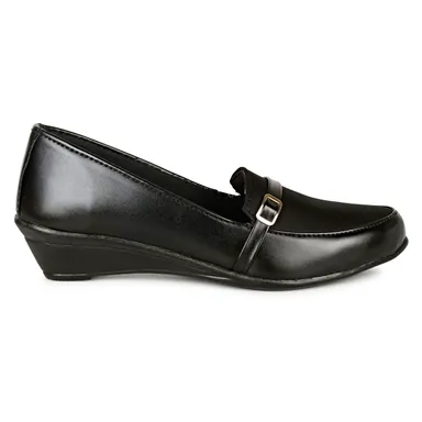 Women’s Black Comfort Wedge Loafers Shoes for Daily Wear | Lightweight Slip-On Formal Casual Office Footwear with Soft Cushion Sole & Buckle Design Black 8 thumbnail 1
