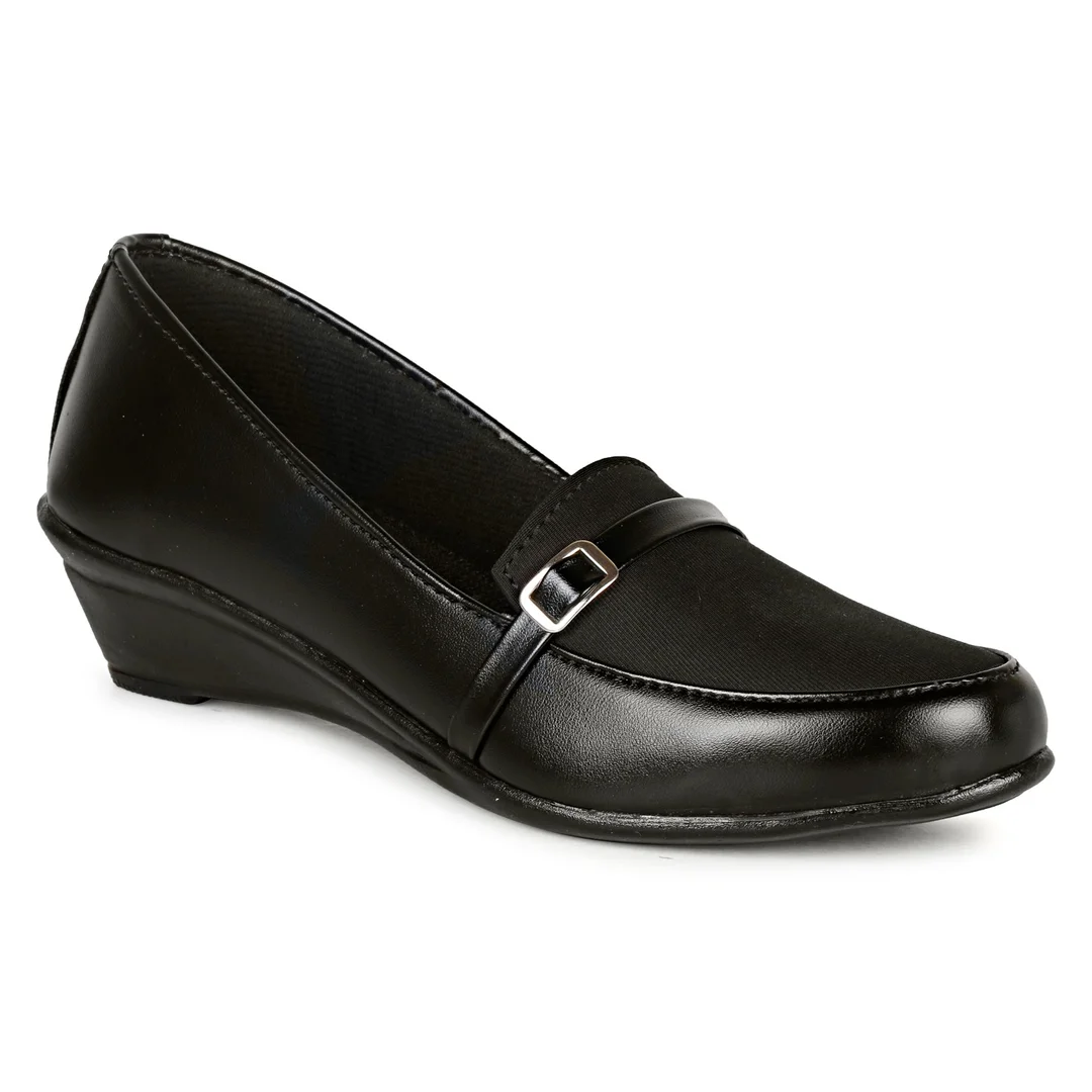 Women’s Black Comfort Wedge Loafers Shoes for Daily Wear | Lightweight Slip-On Formal Casual Office Footwear with Soft Cushion Sole & Buckle Design Black 8 image 1