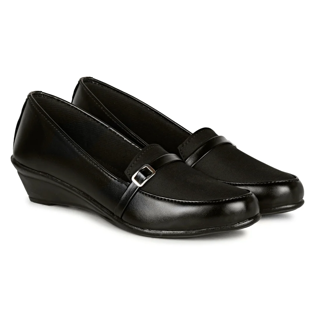 Women’s Black Comfort Wedge Loafers Shoes for Daily Wear | Lightweight Slip-On Formal Casual Office Footwear with Soft Cushion Sole & Buckle Design Black 10 image 3
