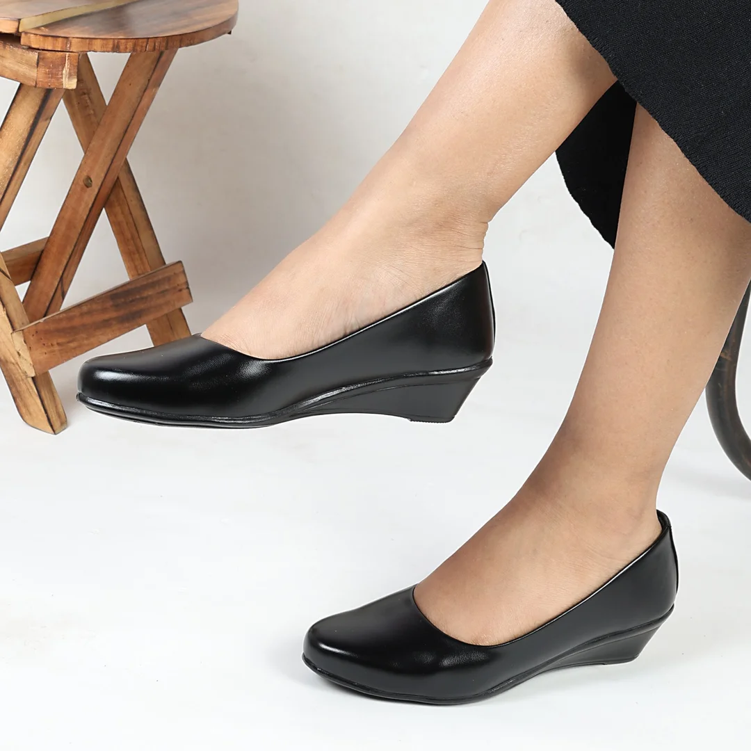 Women’s Elegant Black Synthetic Leather Low Wedge Heel Pumps for Office Wear | Comfortable Slip-On Formal Shoes with Cushioned Sole Round Toe Daily Walking Footwear for Women Black 3 image 5