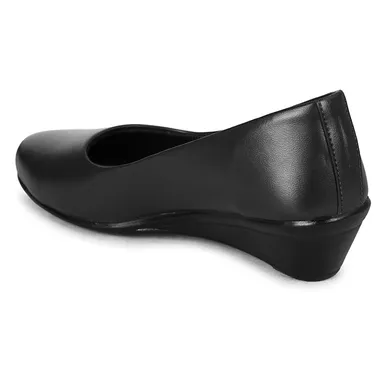 Women’s Elegant Black Synthetic Leather Low Wedge Heel Pumps for Office Wear | Comfortable Slip-On Formal Shoes with Cushioned Sole Round Toe Daily Walking Footwear for Women Black 4 thumbnail 2