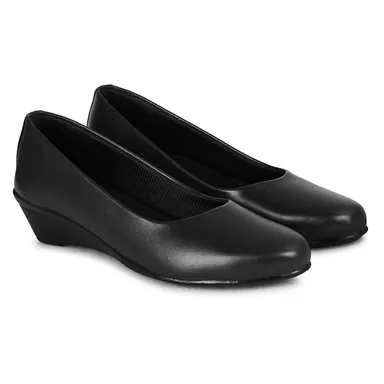 Women’s Elegant Black Synthetic Leather Low Wedge Heel Pumps for Office Wear | Comfortable Slip-On Formal Shoes with Cushioned Sole Round Toe Daily Walking Footwear for Women Black 7 thumbnail 3