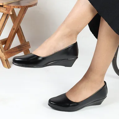Women’s Elegant Black Synthetic Leather Low Wedge Heel Pumps for Office Wear | Comfortable Slip-On Formal Shoes with Cushioned Sole Round Toe Daily Walking Footwear for Women Black 7 thumbnail 4