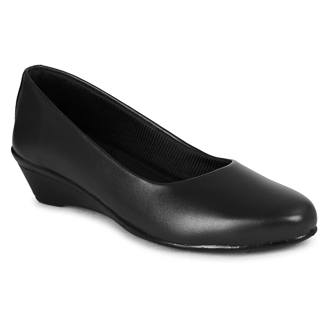 Women’s Elegant Black Synthetic Leather Low Wedge Heel Pumps for Office Wear | Comfortable Slip-On Formal Shoes with Cushioned Sole Round Toe Daily Walking Footwear for Women Black 7 image 1