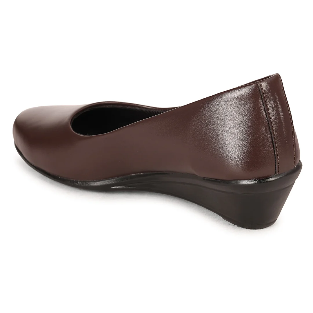 Women’s Elegant Black Synthetic Leather Low Wedge Heel Pumps for Office Wear | Comfortable Slip-On Formal Shoes with Cushioned Sole Round Toe Daily Walking Footwear for Women Dark Brown 4 image 3
