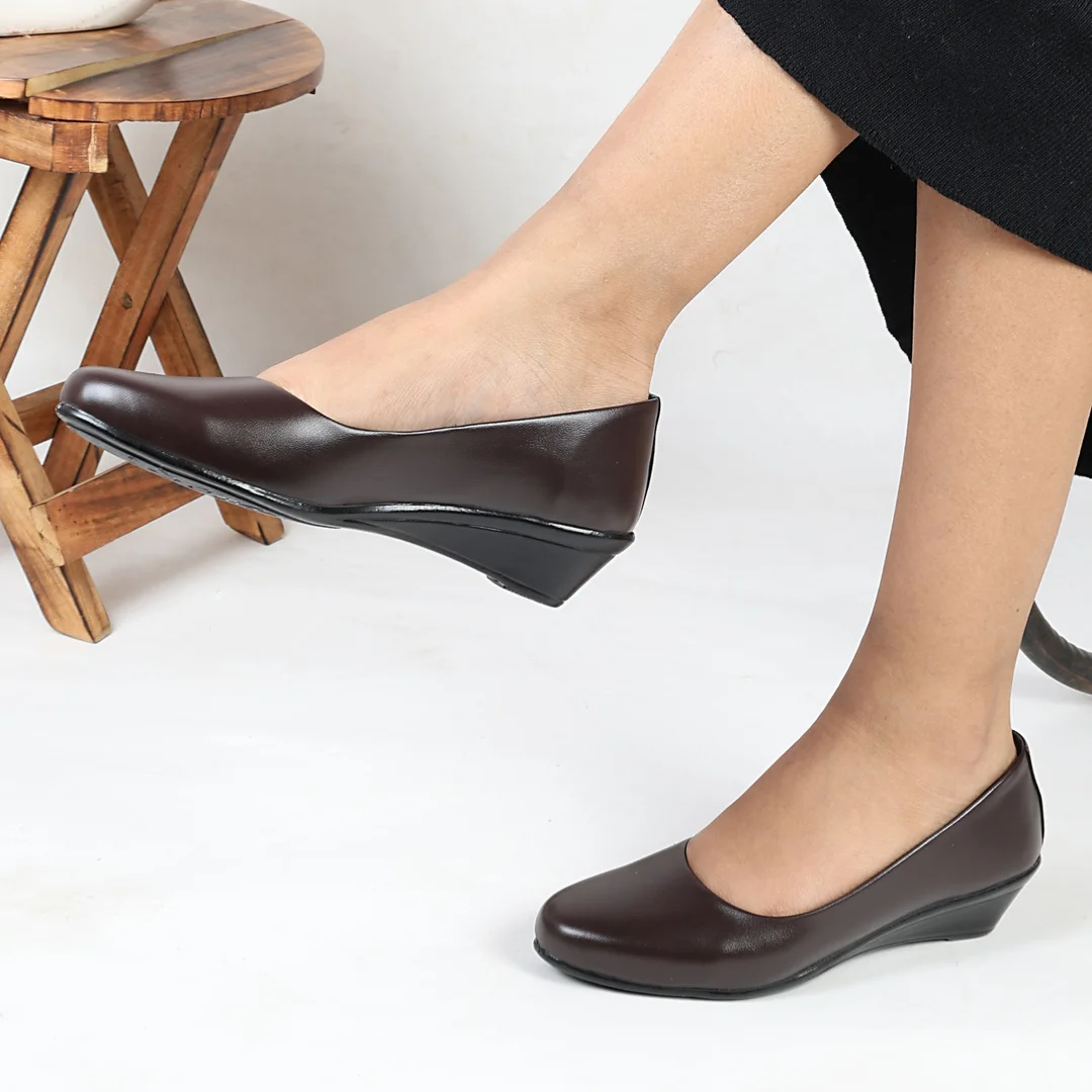 Women’s Elegant Black Synthetic Leather Low Wedge Heel Pumps for Office Wear | Comfortable Slip-On Formal Shoes with Cushioned Sole Round Toe Daily Walking Footwear for Women Dark Brown 4 image 5