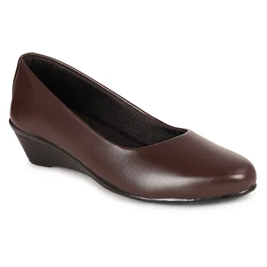 Women’s Elegant Black Synthetic Leather Low Wedge Heel Pumps for Office Wear | Comfortable Slip-On Formal Shoes with Cushioned Sole Round Toe Daily Walking Footwear for Women Dark Brown 4 thumbnail 0